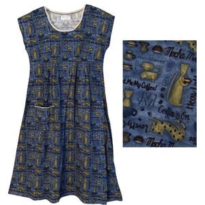 VTG Handmade Cats Coffee Print House Farm Dress Womens L CHARMING Fabric Retro